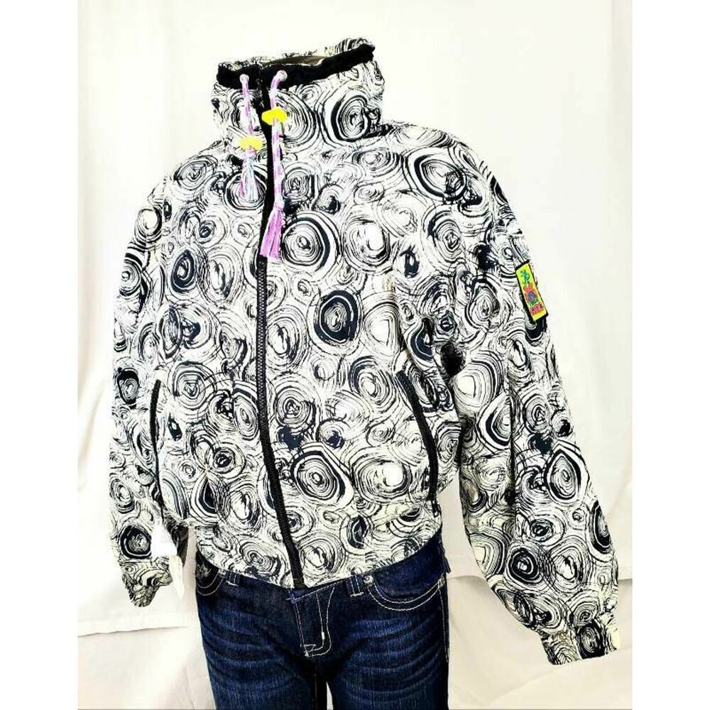 Ocean Pacific Womens Ski Jacket White Black Abstract Zip High Neck Drawstring XS